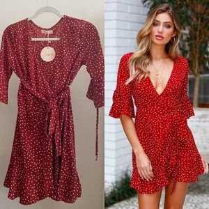 Hello Molly Wine Spot Ruffle Wrap Dress
